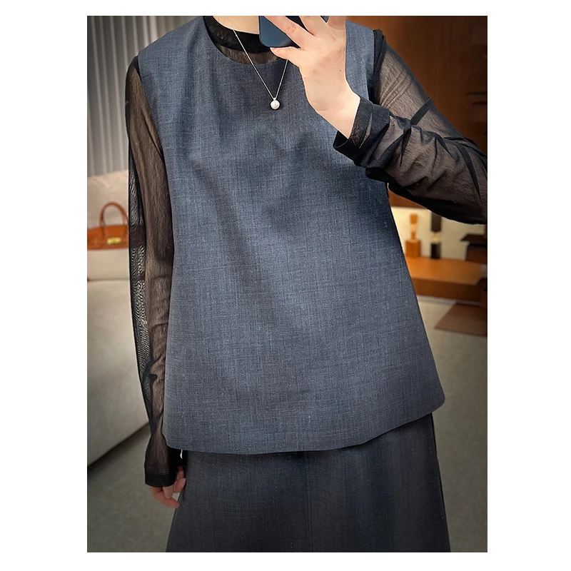 【夏季新款】小众设计羊毛混纺宽松马甲简约百搭无袖休闲马夹D25064