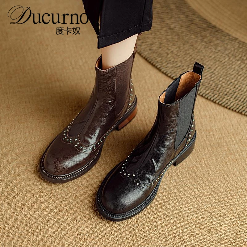 真皮短靴女2025新款春秋单靴铆钉机车靴切尔西靴复古英伦风马丁靴