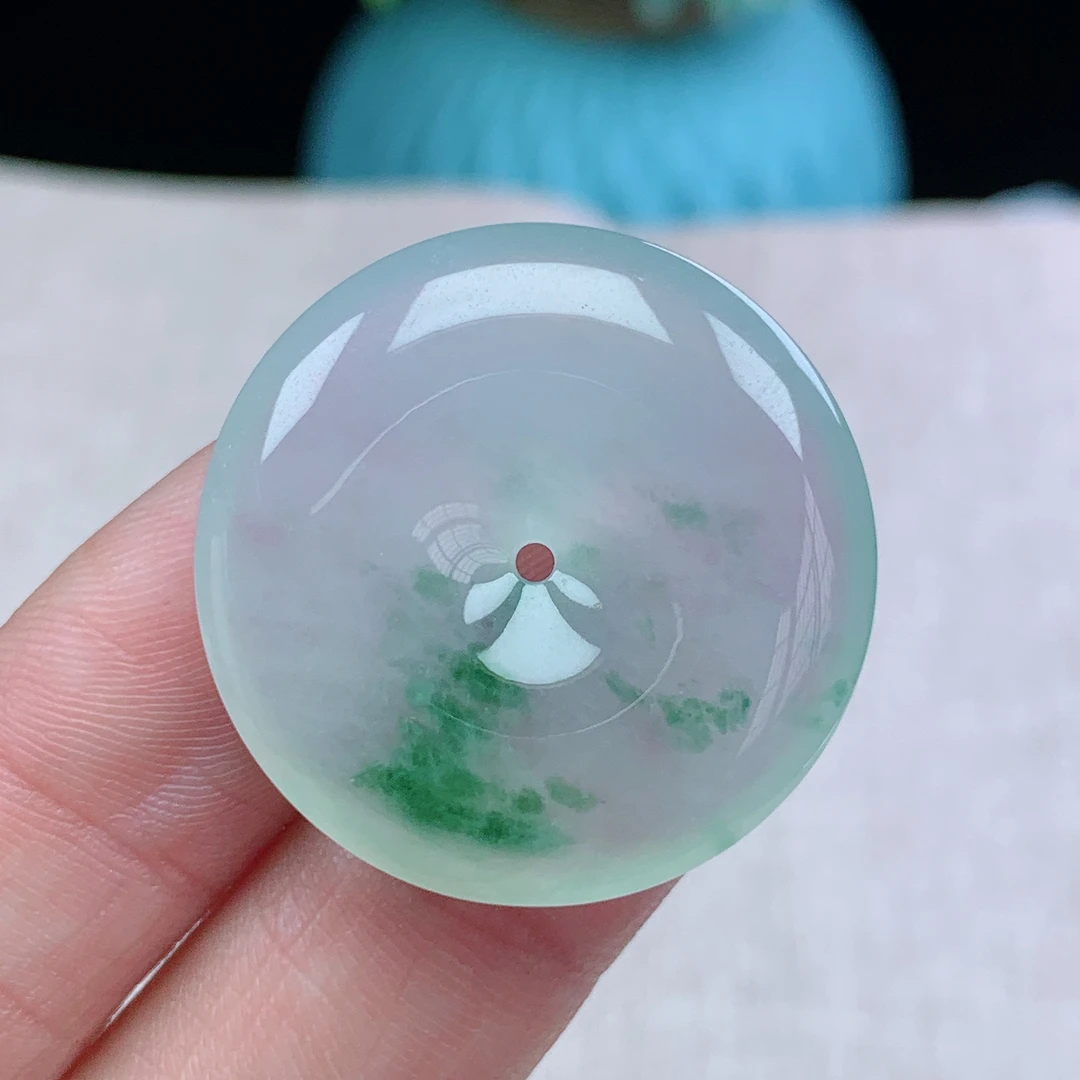 z缅甸天然翡翠A货29.4-6.3玉石冰种白底飘花平安扣吊坠礼物冰透