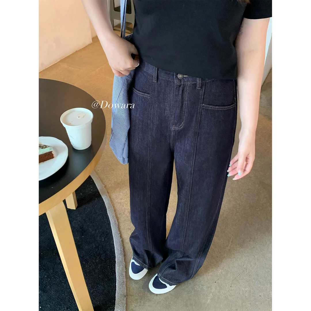 现货大婉酱微胖定制春夏直筒原色牛仔裤女高腰显瘦休闲裤子 6942D