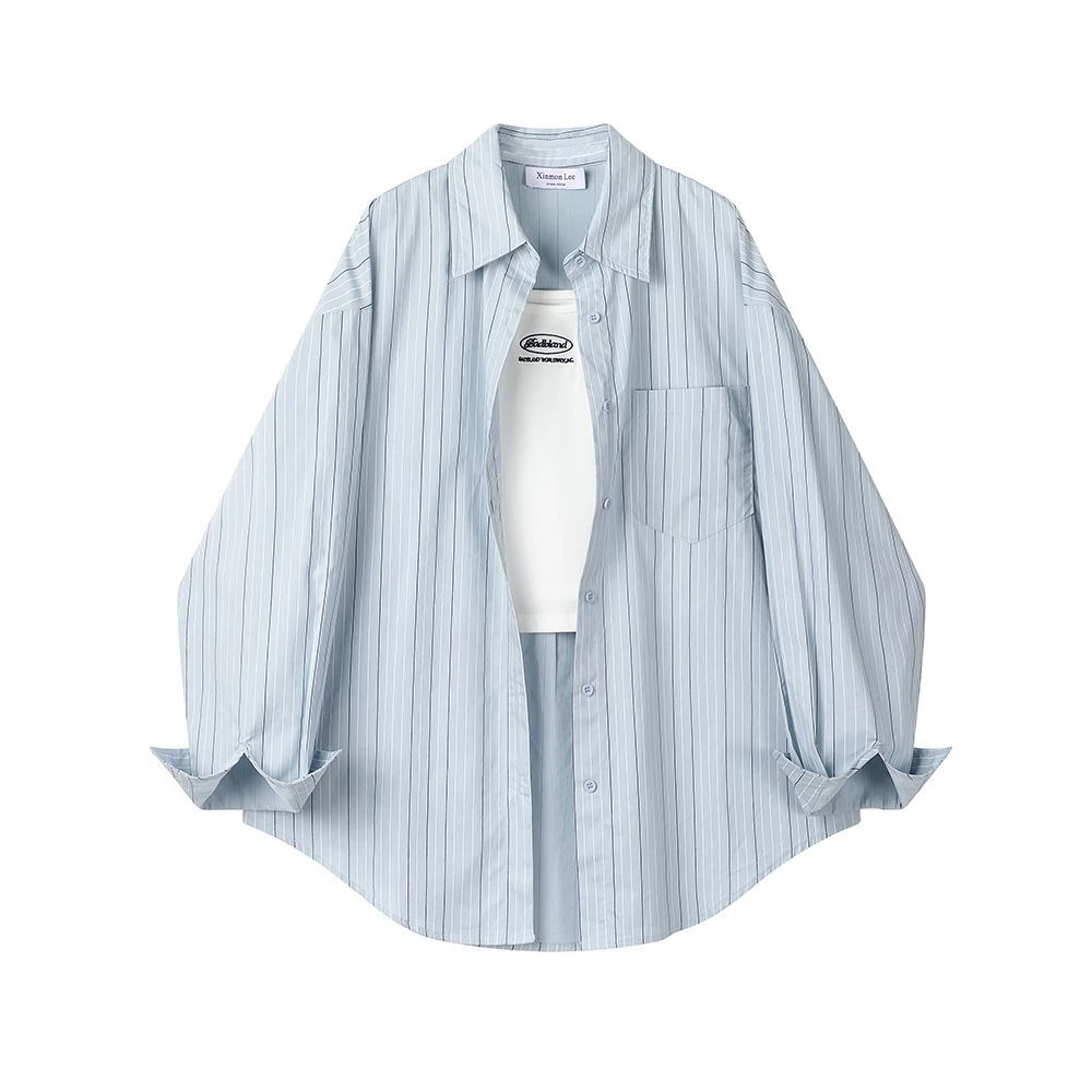 宽松条纹长袖韩系条纹衬衫设计感休闲潮流帅气女小个子蓝色衬衫