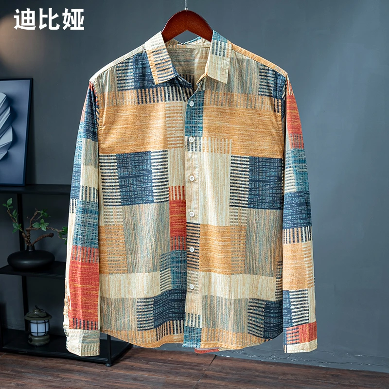 迪比娅轻奢男士方块格子复古衬衫全棉文艺百搭痞帅衬衣男装外套Y