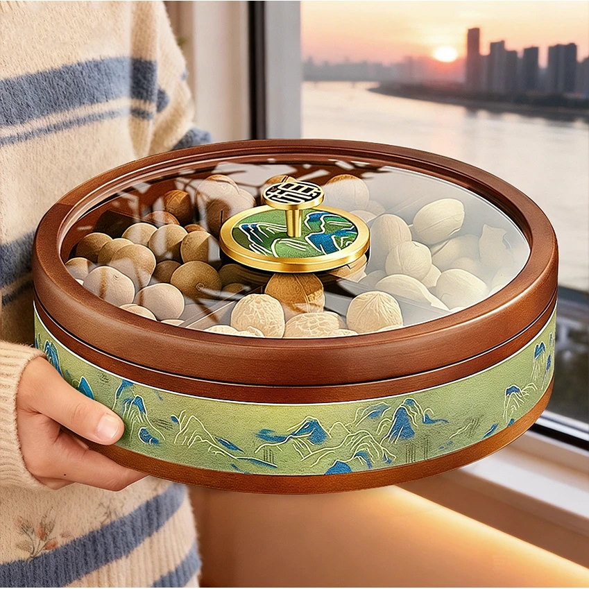 千里江山新中式轻奢高档干果盒客厅茶几家用实木坚果糖果盘收纳盒