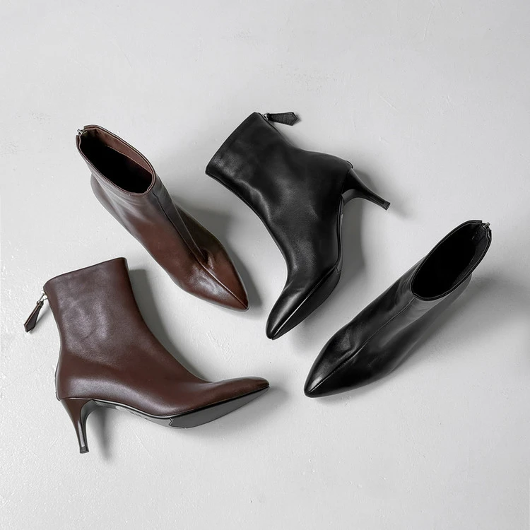 头层牛皮~6.5cm秋冬新款细跟真皮短靴拉链尖头法式高跟短筒及裸靴