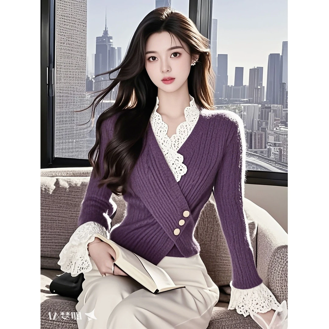 秋冬高品质毛衣紫色气质交叉设计感毛衣女收腰显瘦喇叭袖针织上衣