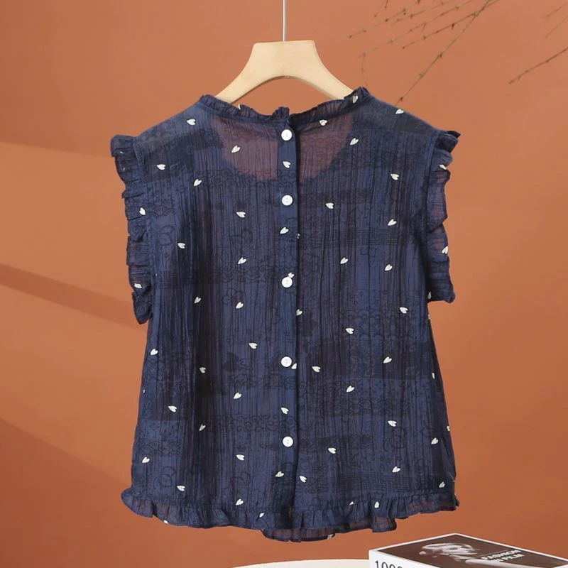 木耳边无袖碎花衬衫女夏季2025新款洋气减龄小衫时尚百搭女士上衣