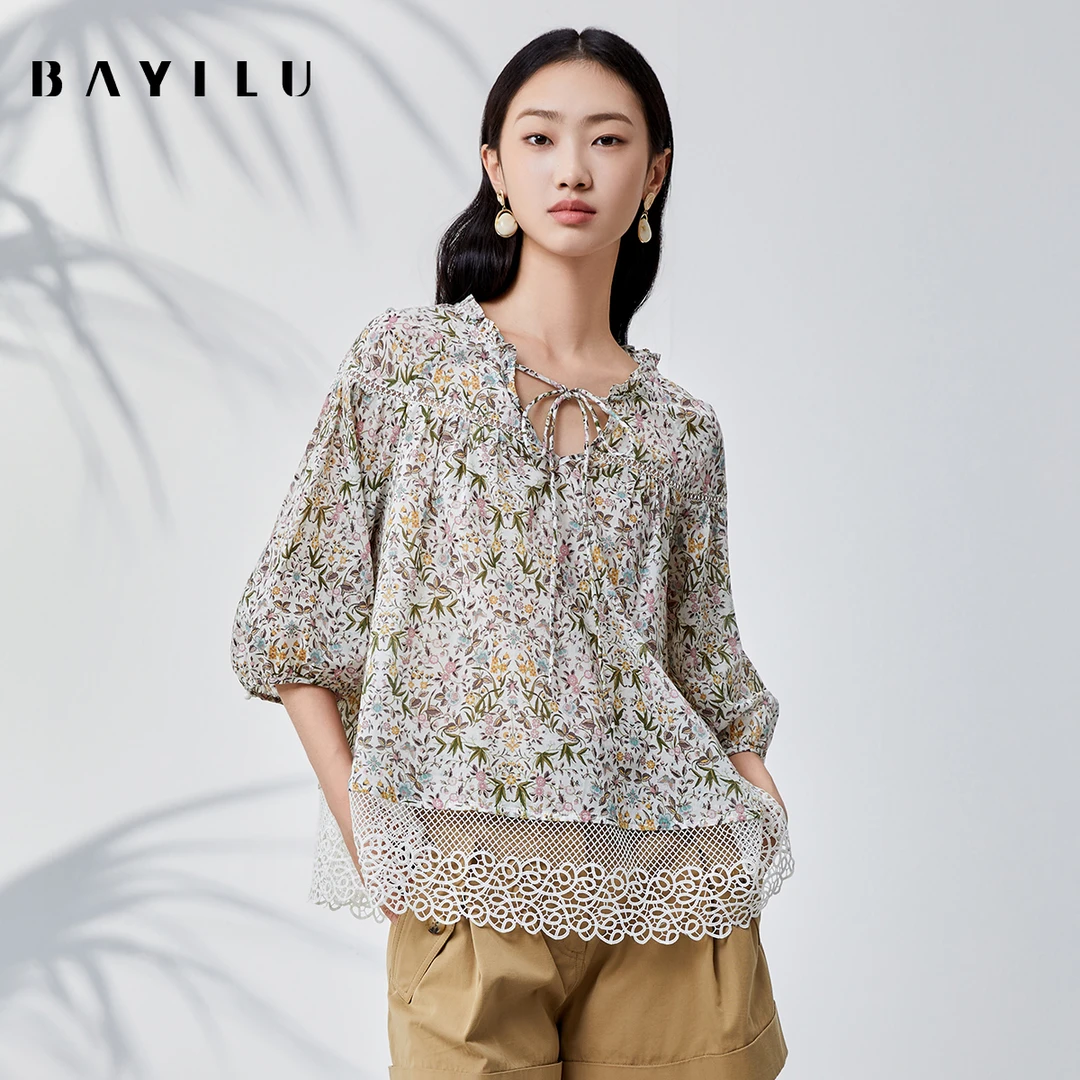 【叶姐】芭依璐夏季衬衫女印花镂空宽松显瘦上衣90C1018
