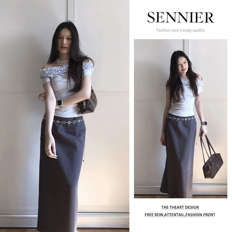 韩系穿搭2025夏季新款设计感花边修身斜肩上衣高腰半身裙两件套女