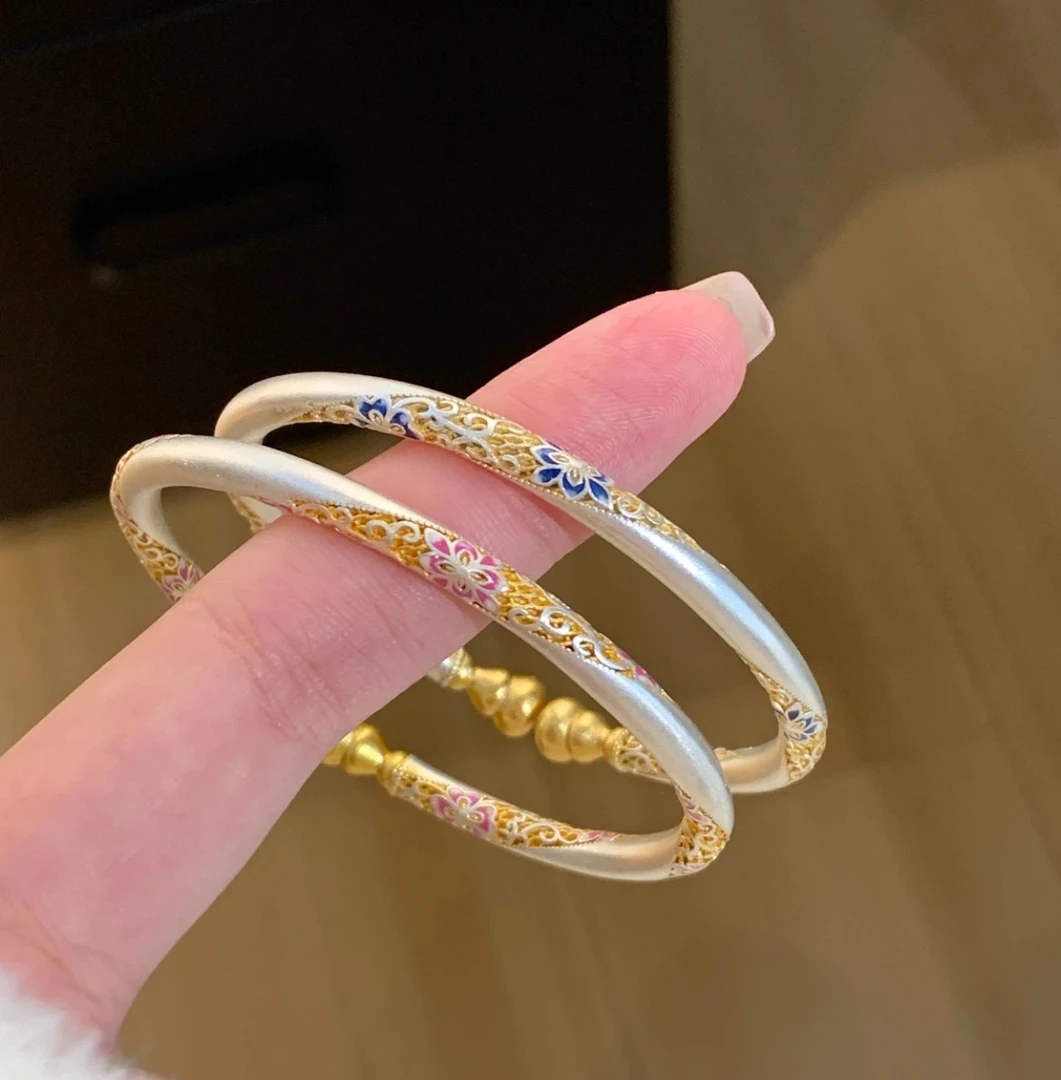 足银手镯 足银9999国风描金珐琅彩葫芦繁花对珠情侣款开口银手镯