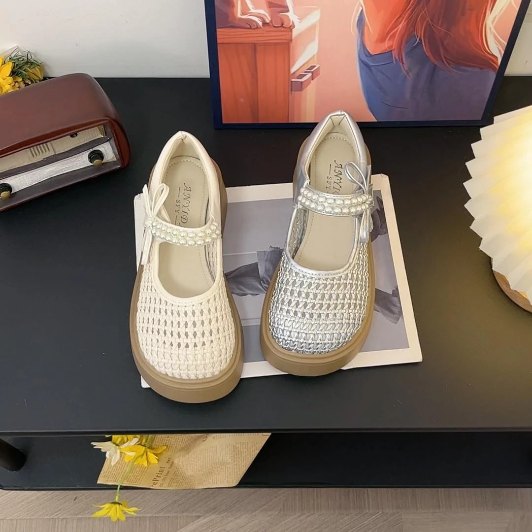 【万达撤柜】仙女风珍珠玛丽珍单鞋女编织镂空透气厚底凉鞋2025年