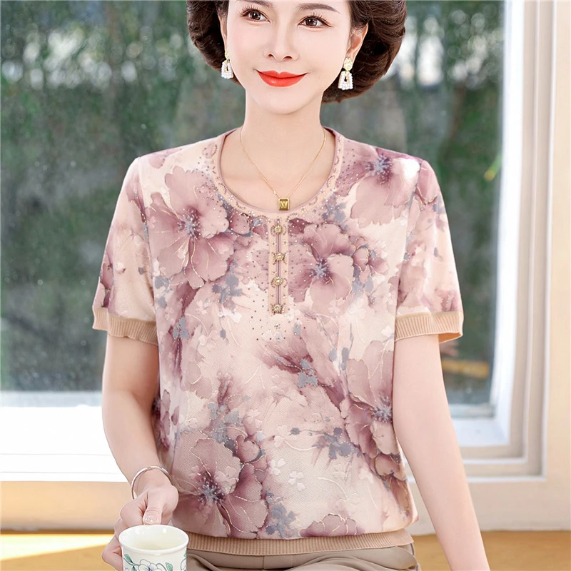 5060岁妈妈装夏装短袖t恤洋气冰丝小衫中老年女装夏季宽松薄上衣