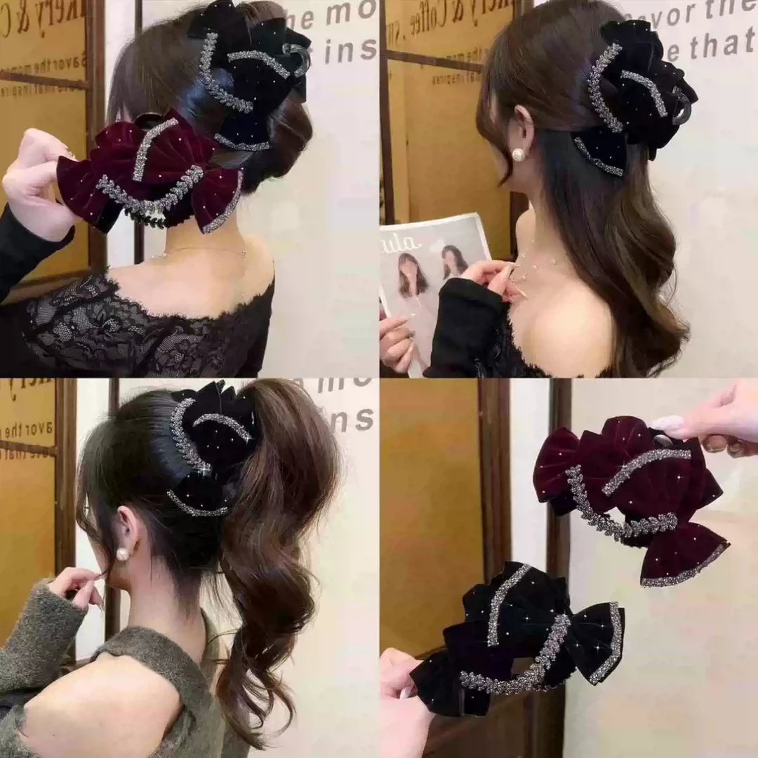 新款闪钻丝绒蝴蝶结抓夹女高级感气质优雅低马尾夹后脑勺鲨鱼夹