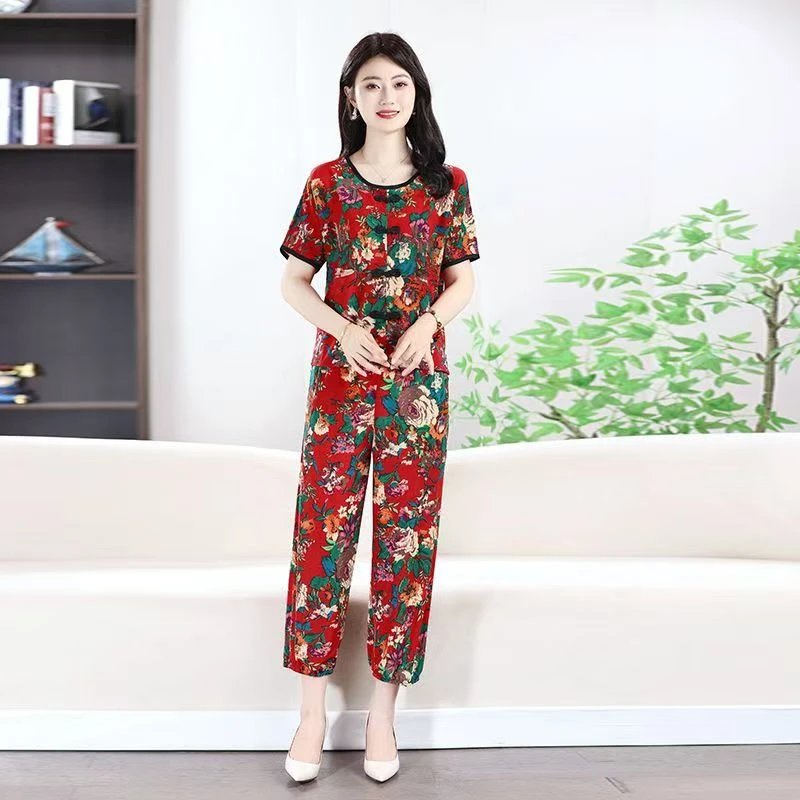 夏季新款时尚东北大花民族套装女短袖宽松大码休闲外穿洋气两件套