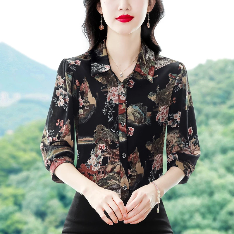 夏季真丝衬衫女士薄款中年妈妈翻领上衣雪纺宽松衬衣舒适小衫