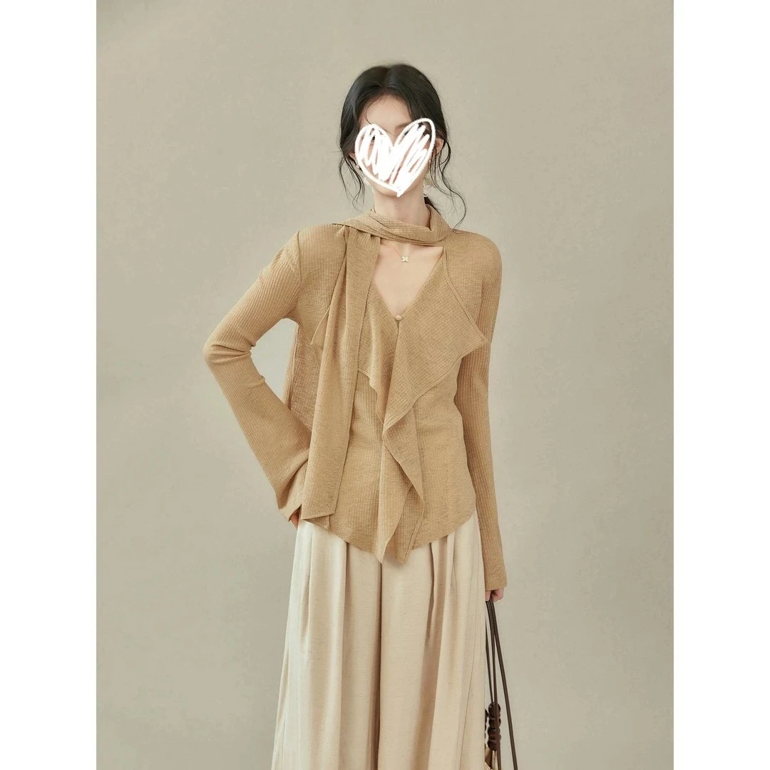 【入秋松弛系】设计感飘带V领T恤女秋长袖上衣阔腿裤套装 #C1042