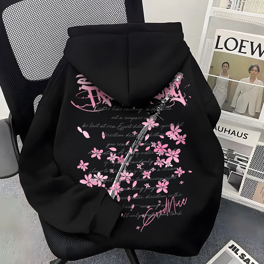 美式连帽卫衣男女同款秋冬新款宽松潮牌樱花印花情侣加绒重磅外套