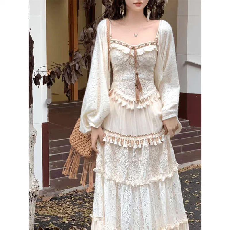 大码春季新款波西米亚风吊带开衫半身裙显瘦三件套套装1750#