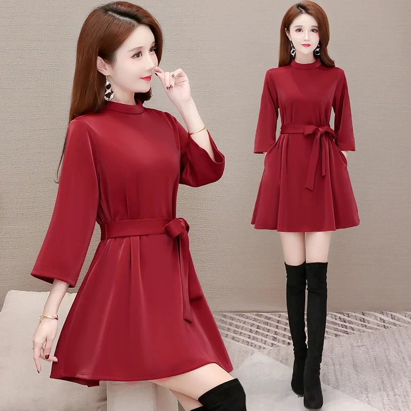 [H571红色连衣裙]夏季纯色蕾丝女士时尚