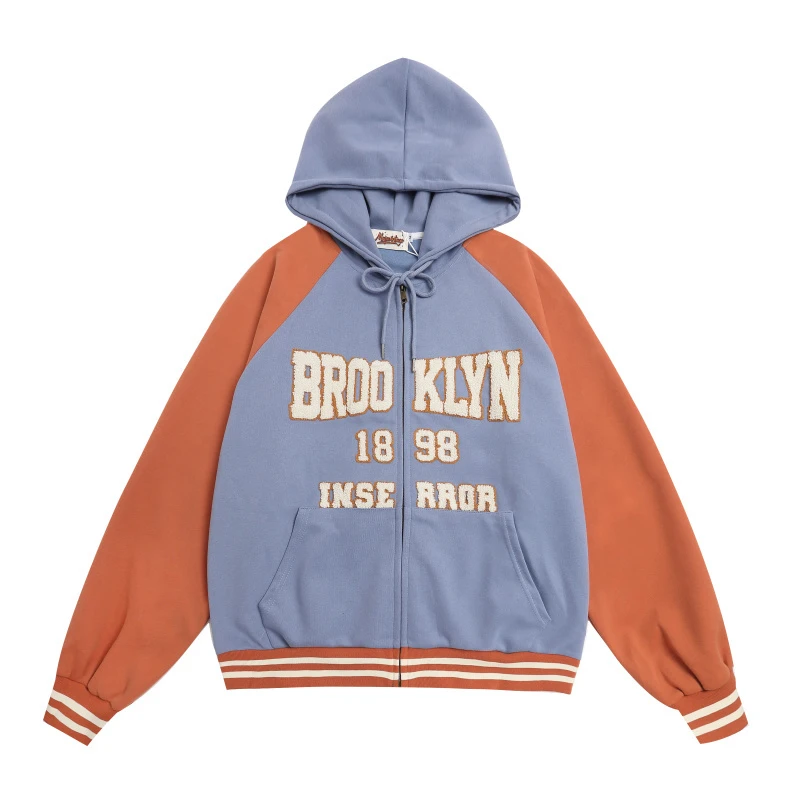 美式复古街头潮流学院中性风宽松运动拼色插肩连帽卫衣开衫外套秋