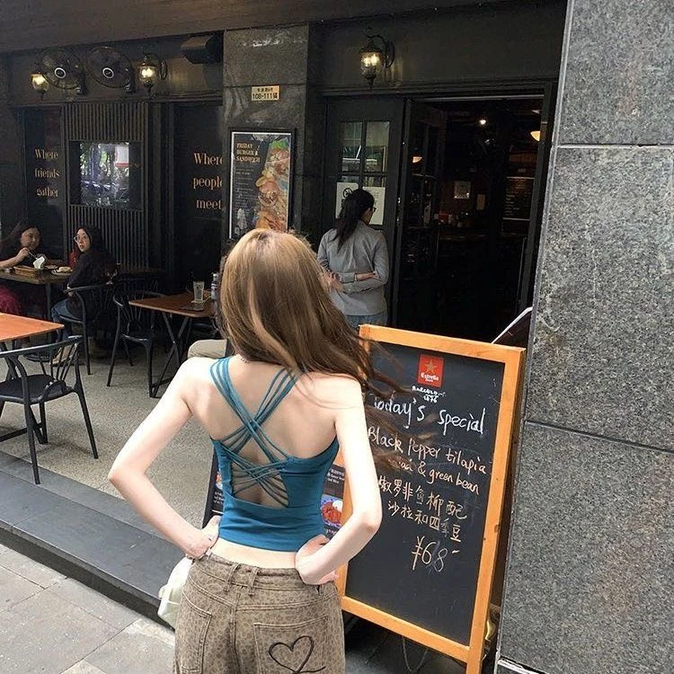 【带杯垫】辣妹纯色胸垫交叉吊带修身背心后背性感露背打底上衣女