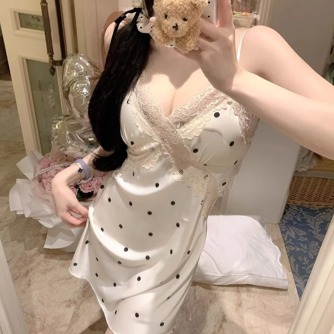 性感吊带睡裙冰丝面料波点设计纯欲风家居服夏季薄款