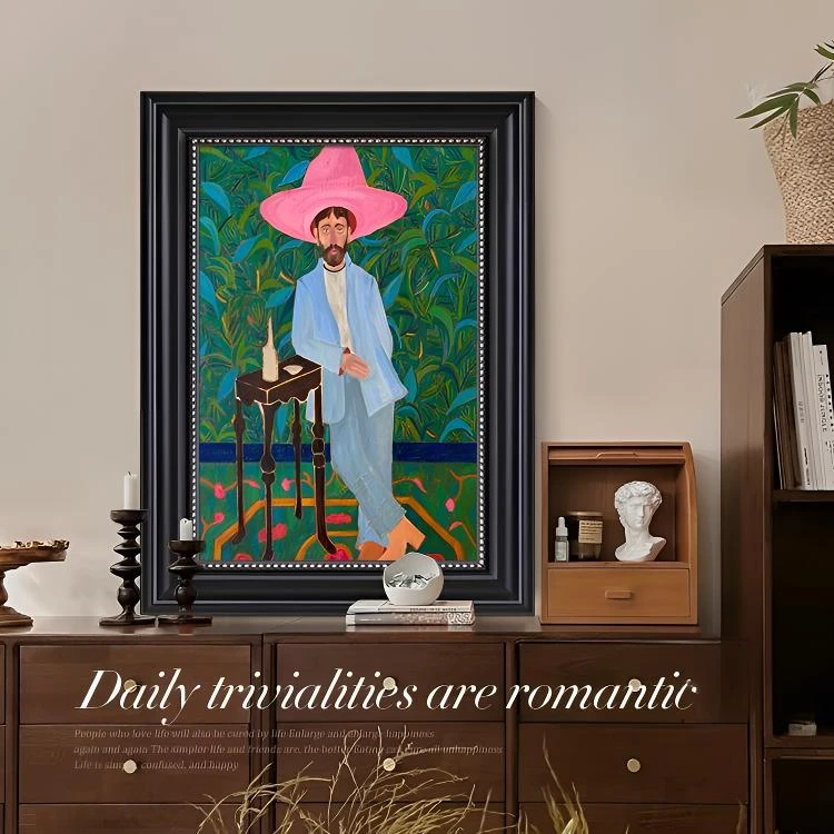 戴粉帽子的人客厅装饰画美式复古人物油画中古风挂画壁桌面摆件
