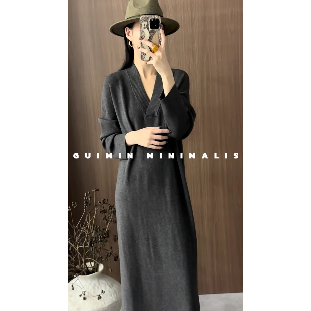 GUIMIN | 织梦·夜歌 慵懒感气质V领秋冬长袖针织连衣裙 19690