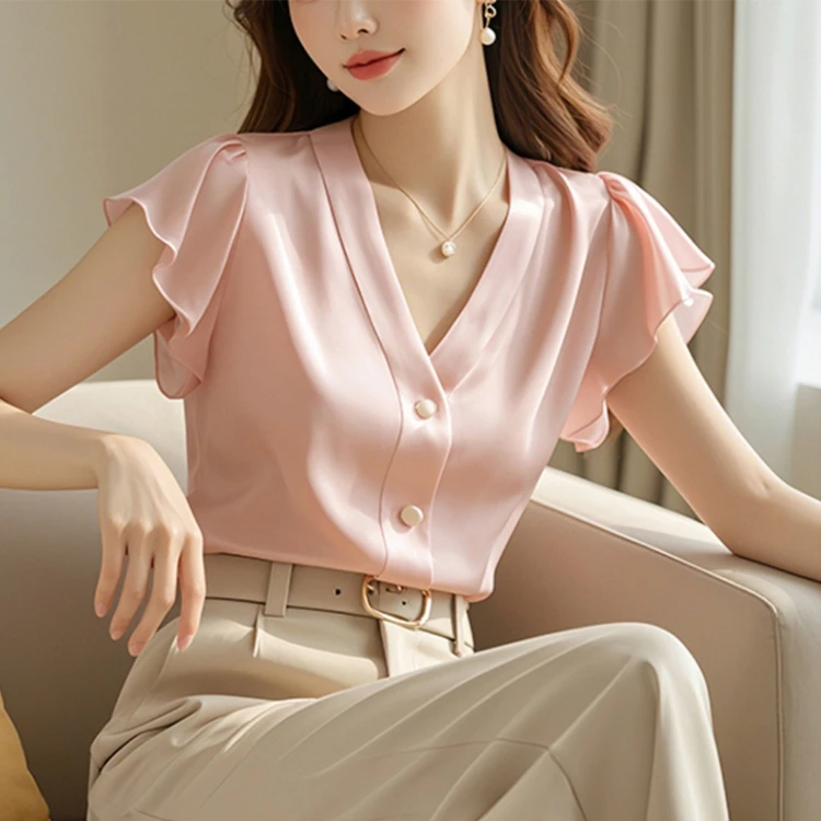 法式气质绝美粉色V领荷叶袖衬衫女夏季新款超好看减龄温柔风上衣