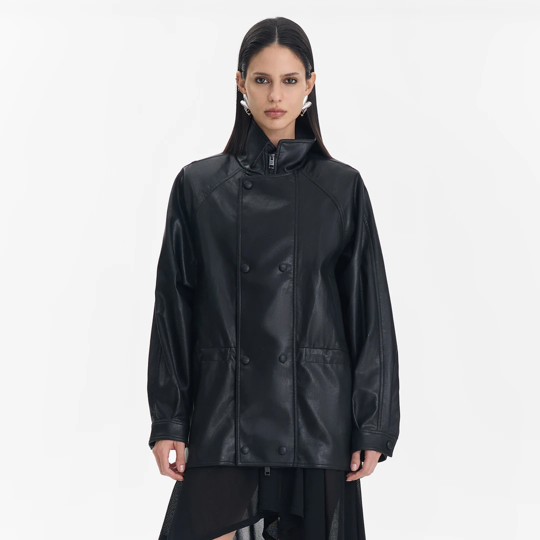 CALLED BACK【摩登回想】黑色皮衣女新款气质百搭收腰立领宽松外套