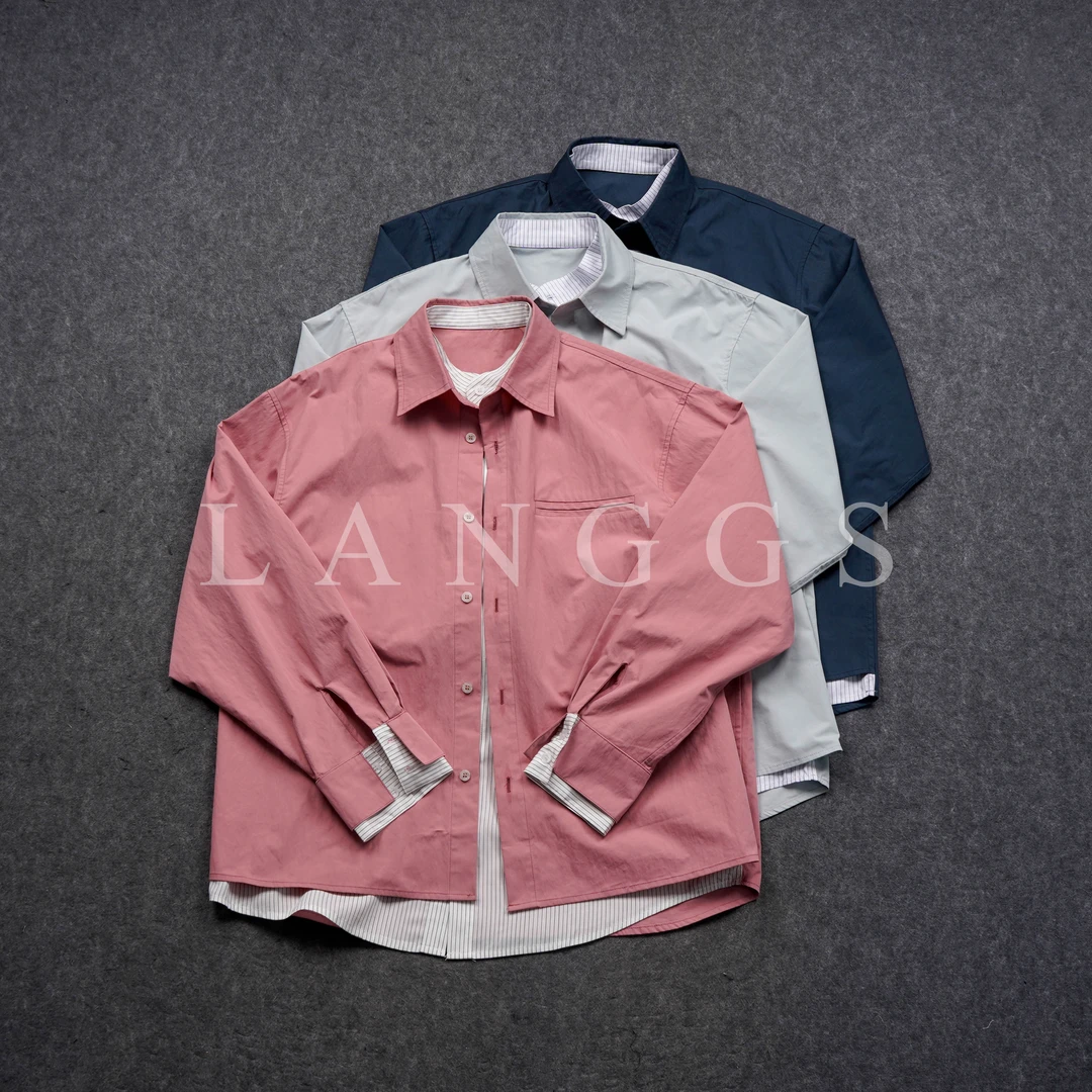 LANGGS&木子里 2025春季高棉感混纺色织拼接假两件衬衫-SS5168