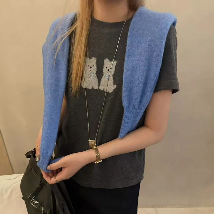 id.sisters57651正肩小狗T恤女2025早秋新款圆领短袖百搭减龄上衣