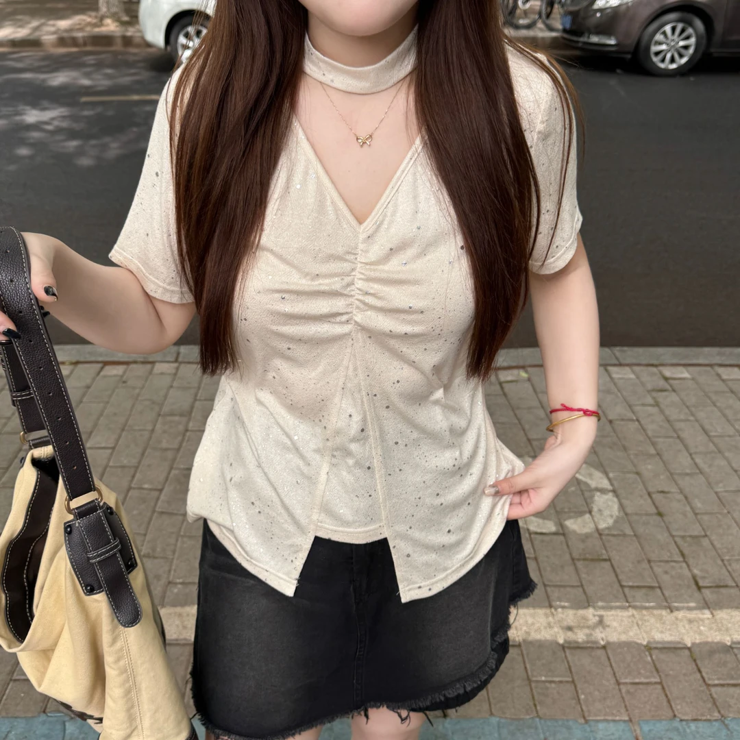 南岛风大码女装设计感V领假两件上衣夏季胖mm宽松遮肉短袖ZYY1726