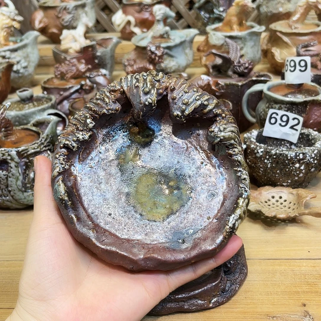 杯柴烧粗陶手捏壶承