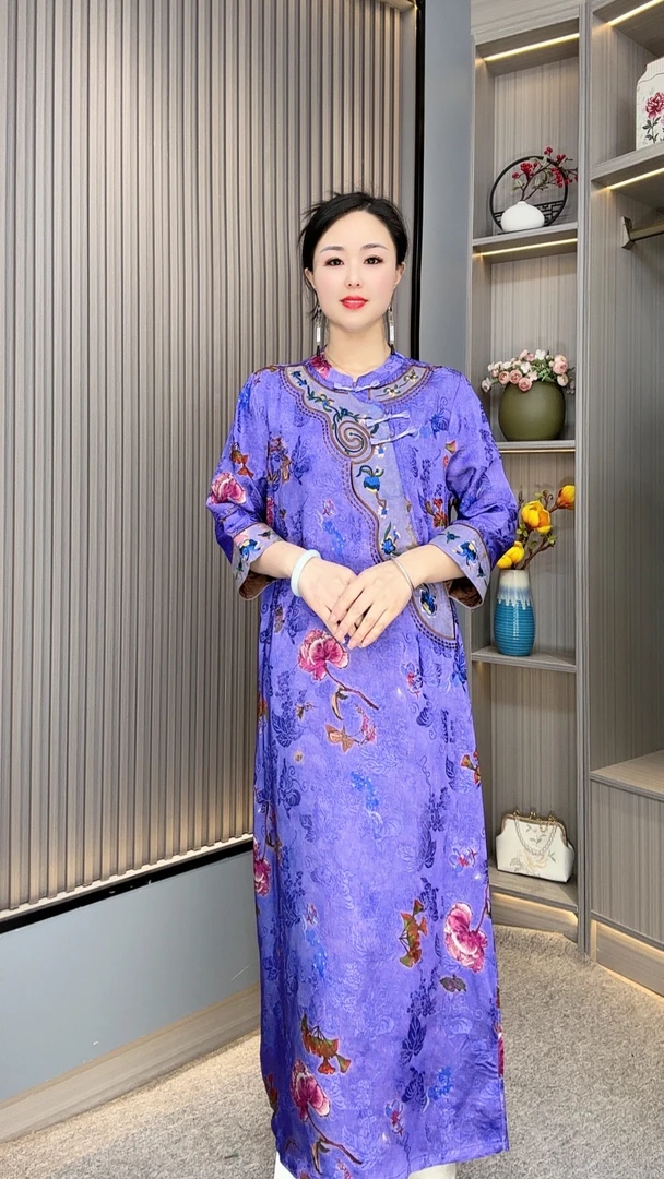 紫玉YJ5320新中式妈妈装国风立领优雅气质复古遮肉连衣裙