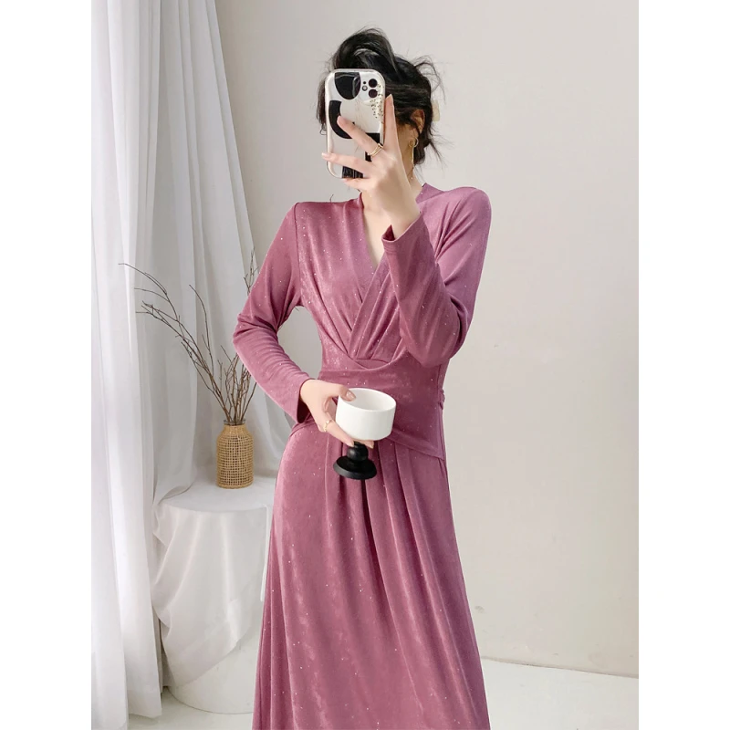 满天星烫钻~法式紫粉色亮片连衣裙秋冬新款气质时尚长袖V领轻礼服