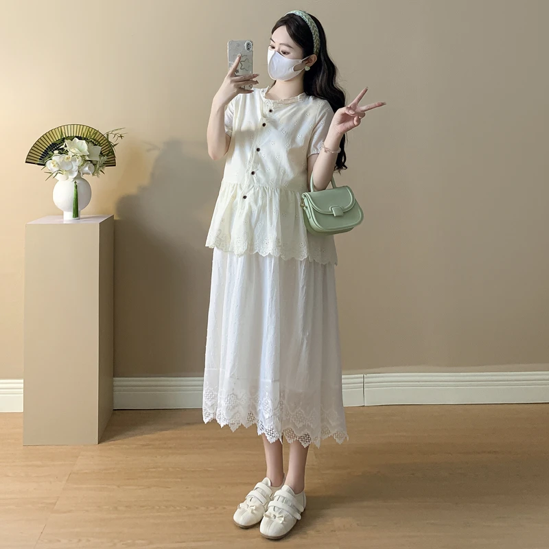 文艺风孕妇装套装夏季外穿宽松短袖衬衫洋气蕾丝拼接半身裙套装