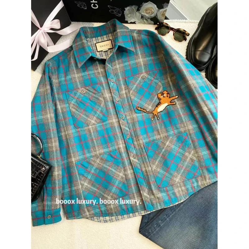 95新 GUCCI/古驰  cc1181 羊毛 小老虎刺绣格纹棉服外套 44码