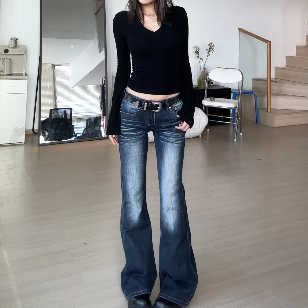 美式辣妹水洗低腰微喇牛仔裤女秋季新款修身弹力显瘦直筒阔腿裤子