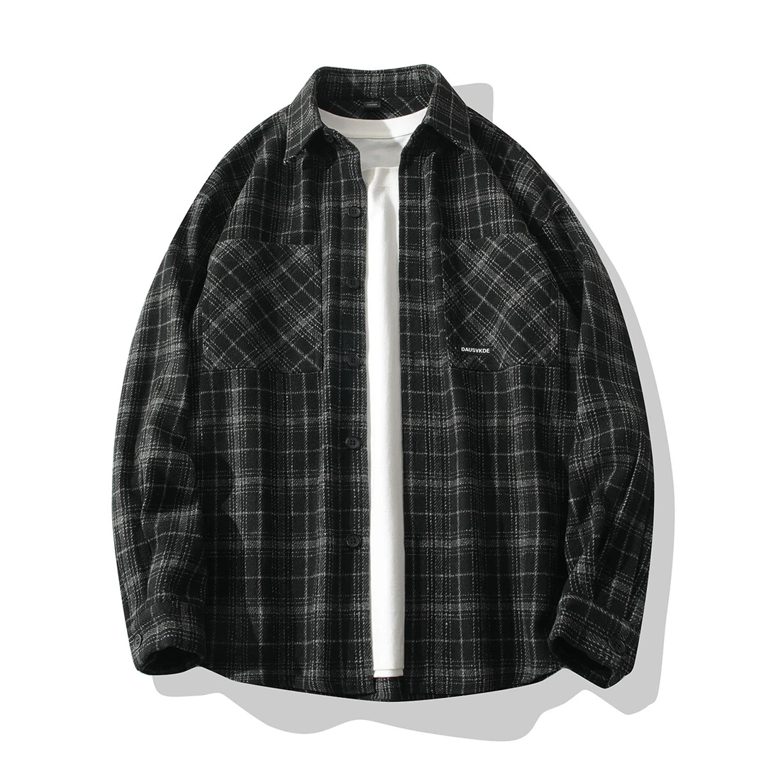 【上新】秋冬毛呢复古格纹衬衫男厚款美式长袖百搭衬衣男生冬季外套