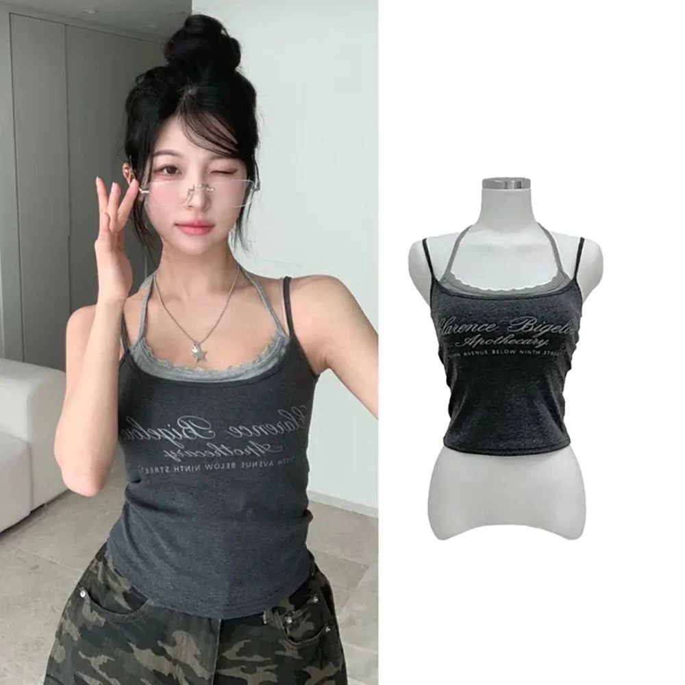 美式纯欲辣妹小众设计上衣夏季女辣妹修身美背假两件吊带背心上衣
