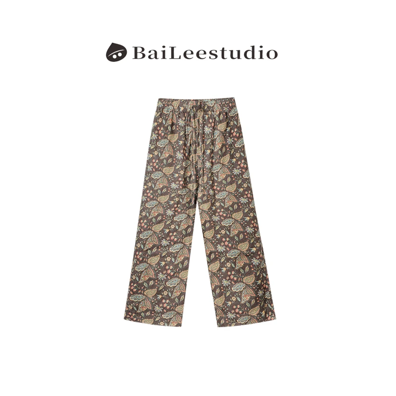 【柏栗良品】"暮霭之蝶"春夏季设计感时尚碎花休闲裤75420