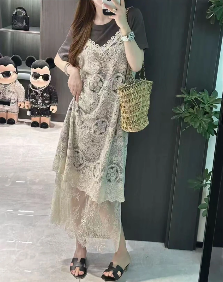 大码欧货蕾丝拼接假两件连衣裙