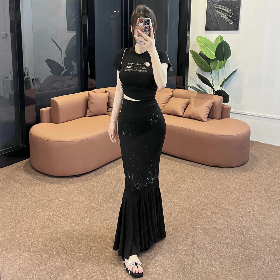 【Gouya】早春名媛高级设计感褶皱鱼尾裙套装高奢圆领短袖两件套装