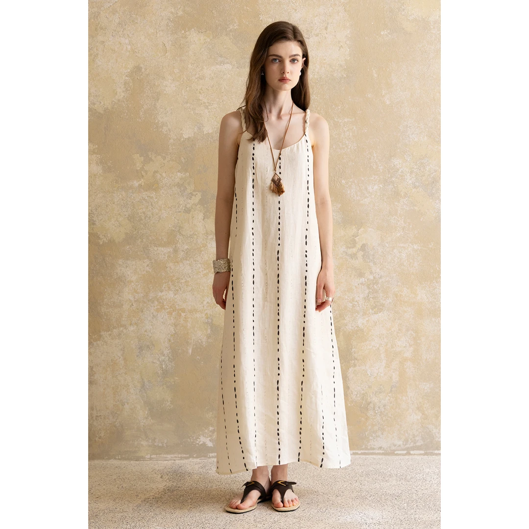 miorastudio法式米白色粗吊带竖波点连衣裙女夏网格披肩气质长裙