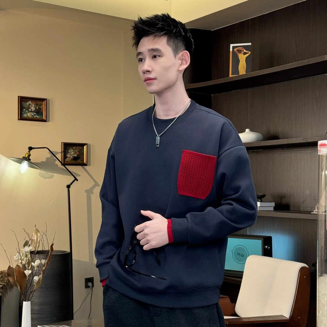 冬季新款加绒撞色休闲款假两件长袖针织口袋百搭男卫衣