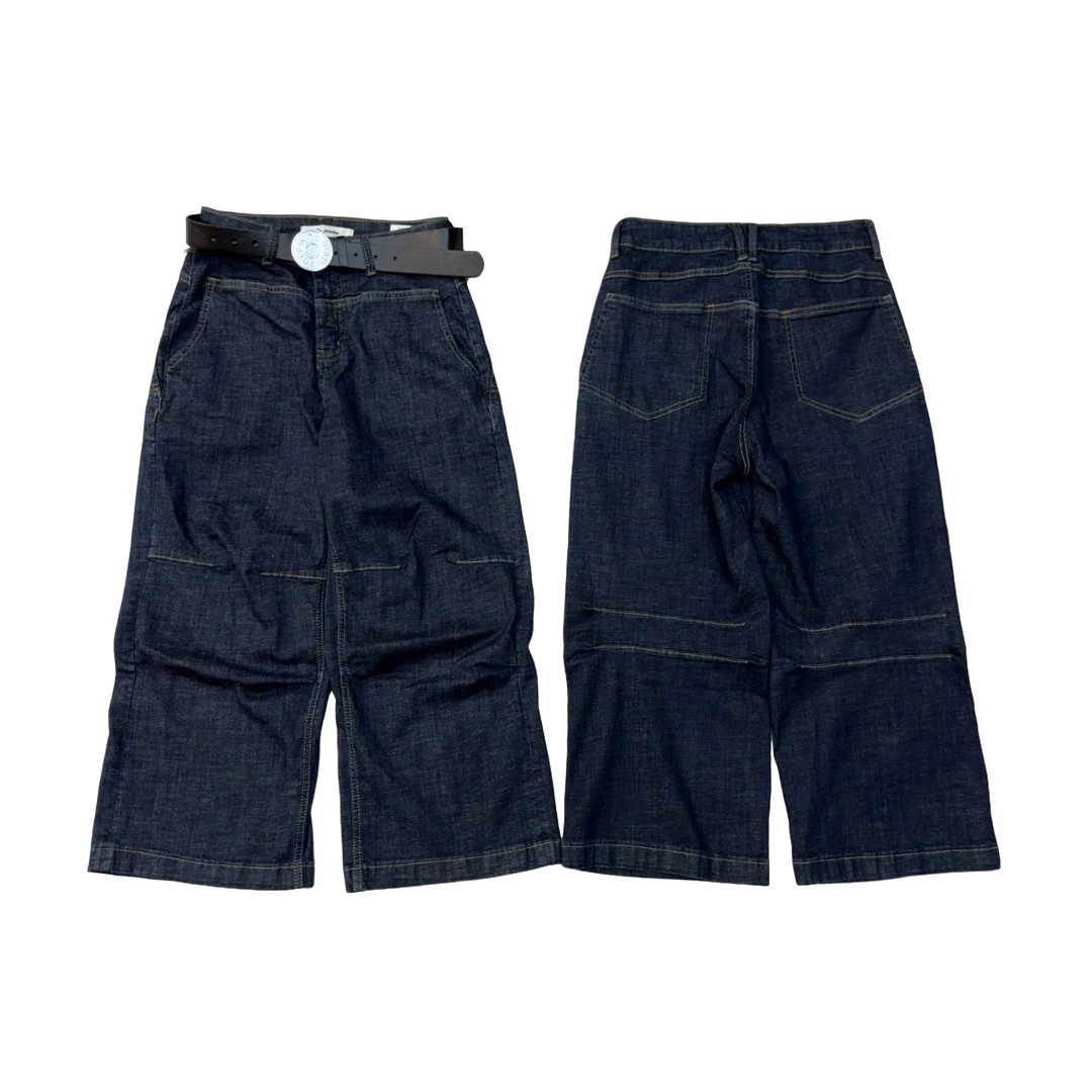 RU家夏季新款阔腿牛仔裤女欧货宽松八分弹力明线膝盖包发财裤女