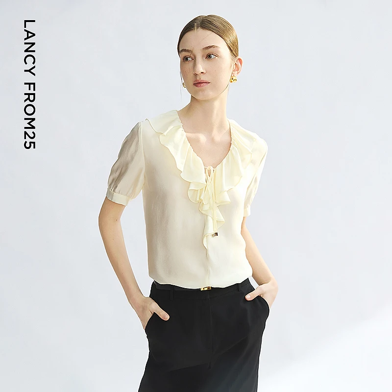 朗姿荷叶领系带v领米白色泡泡袖短袖衬衫2025年夏季新款通勤上衣