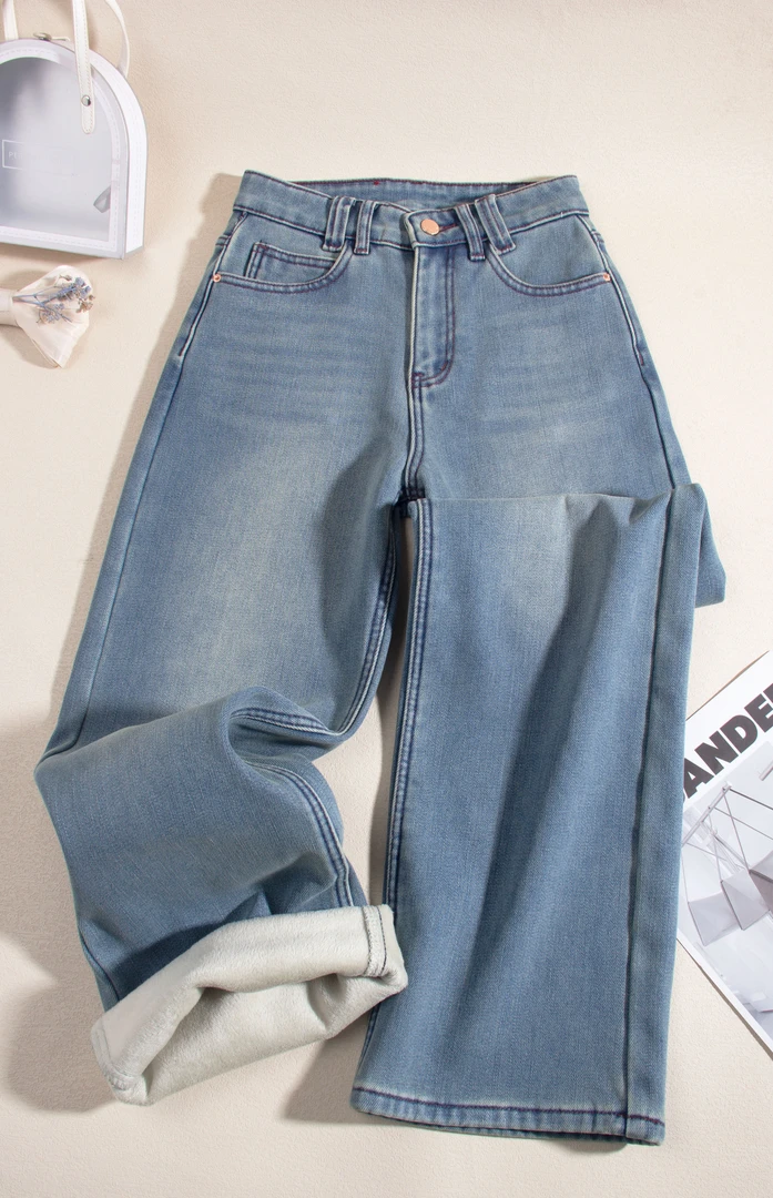 1441-加绒加厚阔腿牛仔裤女秋冬季小个子高腰显瘦宽松直筒裤子