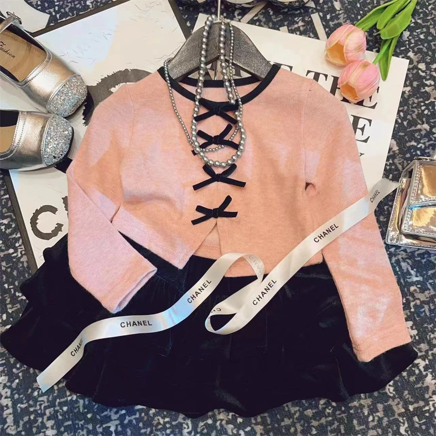 HHkids女童2024新款秋季蝴蝶结洋气时髦上衣百褶裙两件套ETZ668