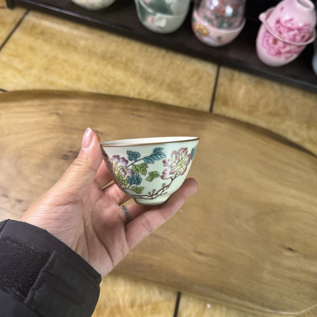 陶栖国色天香牡丹花品杯花纹陶瓷